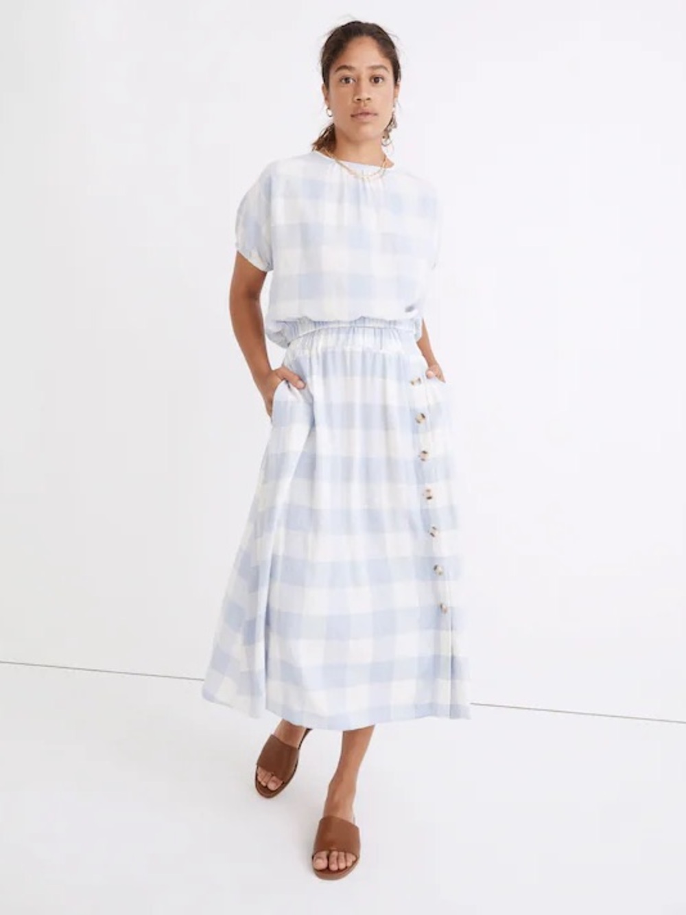 Linen-Blend Side-Button Midi Skirt in Gingham Check with Matching Top XXS